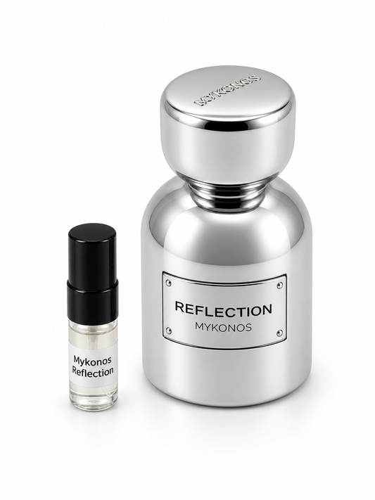 Mykonos Reflection fragrance bottle and black-capped sample vial on white