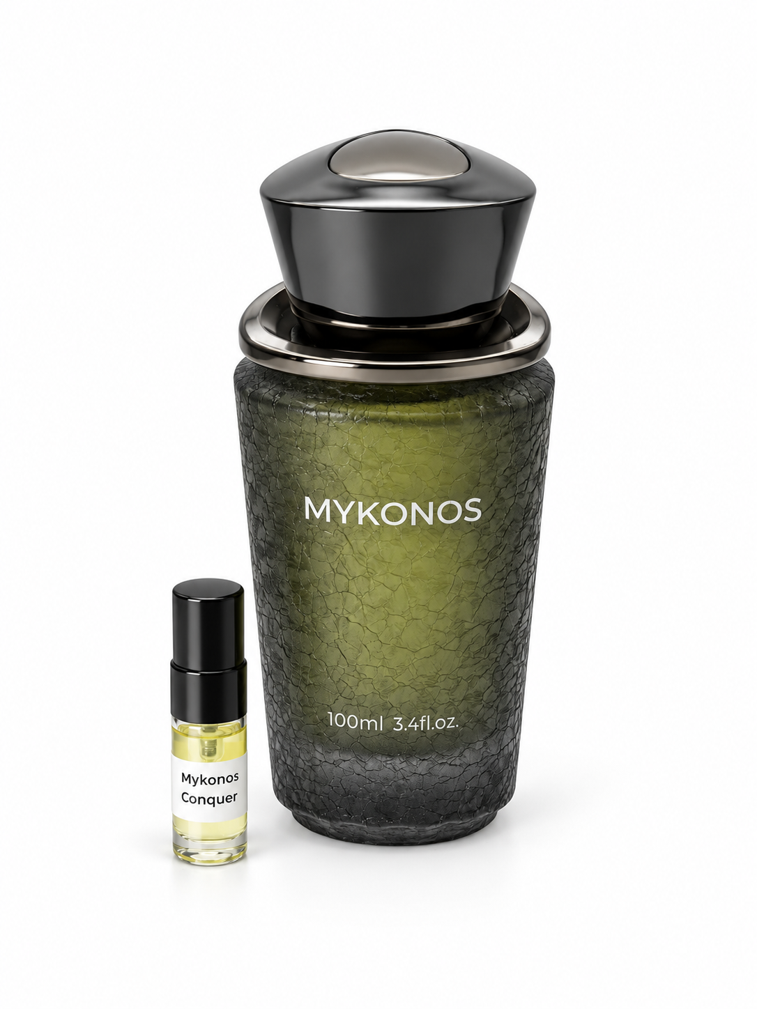 Mykonos Conquer fragrance bottle and black-capped sample vial on white