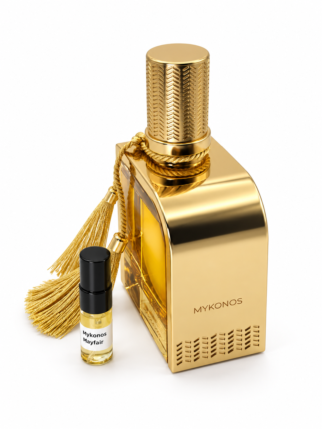 Mykonos Mayfair fragrance bottle and black-capped sample vial on white