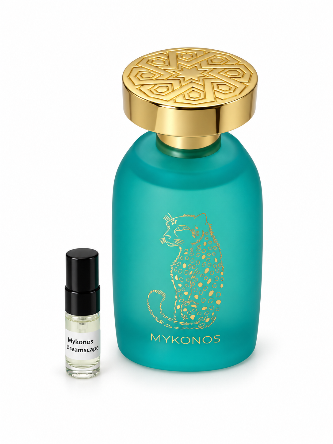 Mykonos Dreamscape fragrance bottle and black-capped sample vial on white