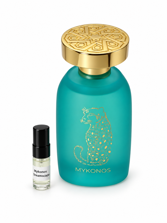 Mykonos Dreamscape fragrance bottle and black-capped sample vial on white