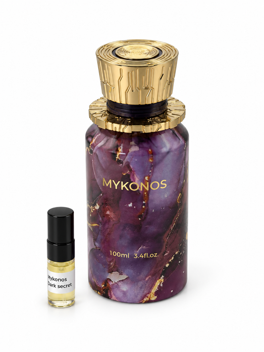 Mykonos Dark Secret fragrance bottle and black-capped sample vial on white