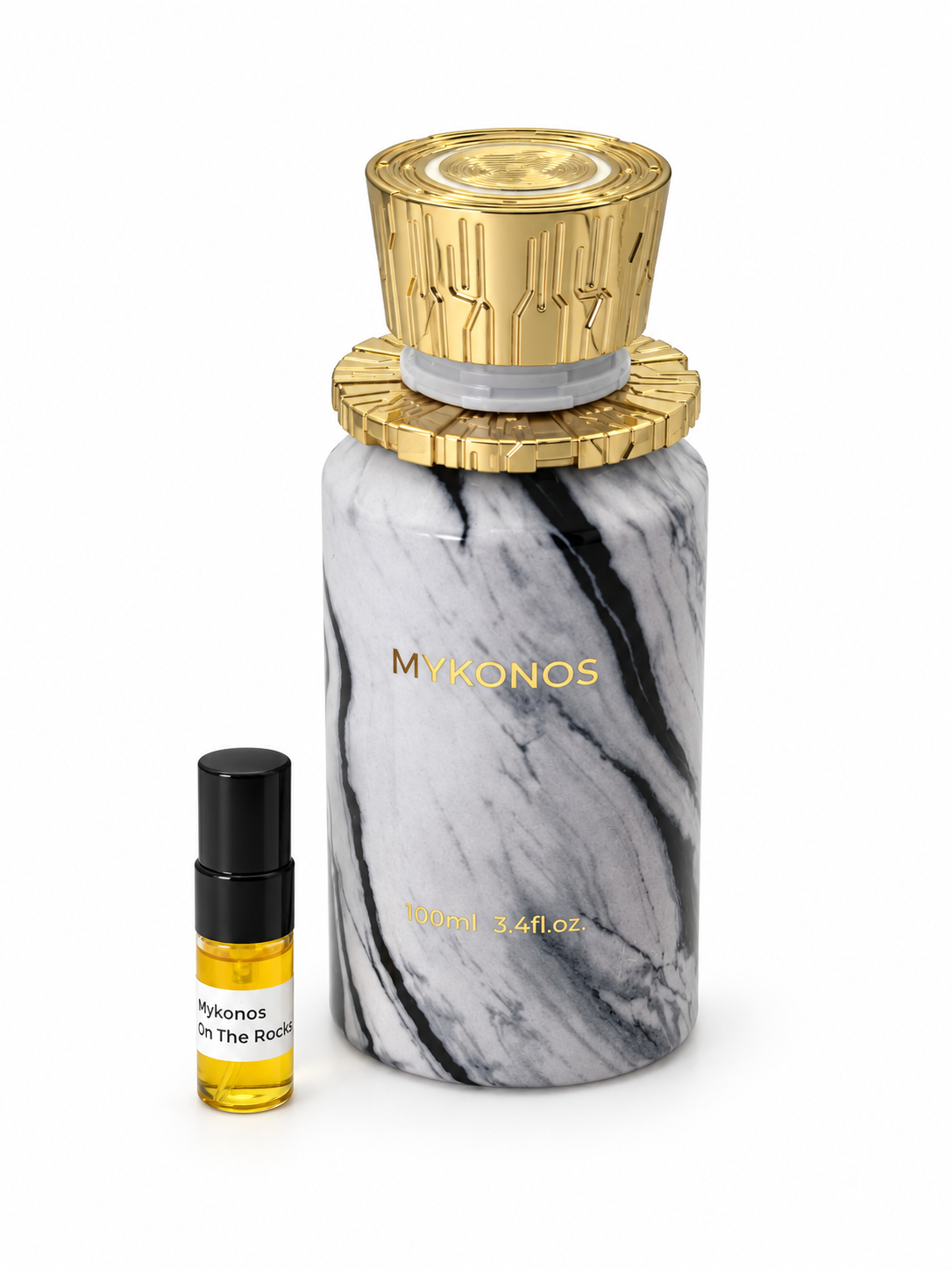 Mykonos On the rocks fragrance bottle and black-capped sample vial on white