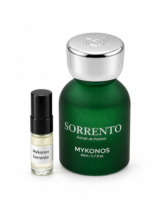 Mykonos Sorrento fragrance bottle and black-capped sample vial on white