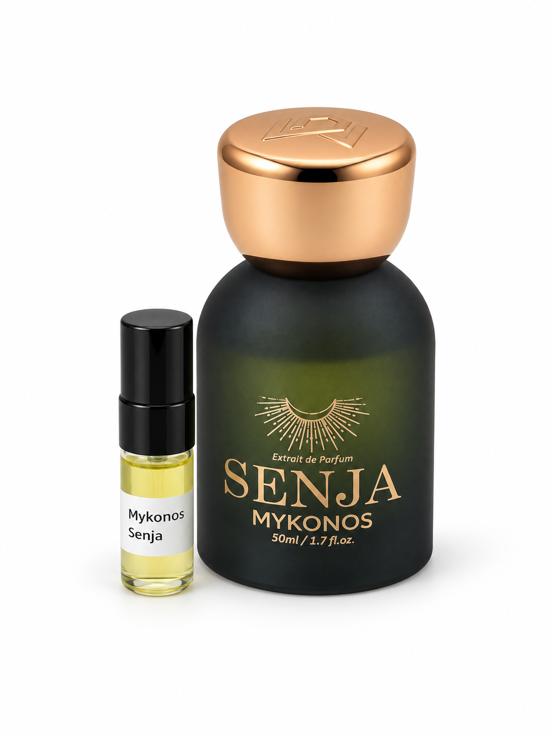 Mykonos Senja fragrance bottle and black-capped sample vial on white