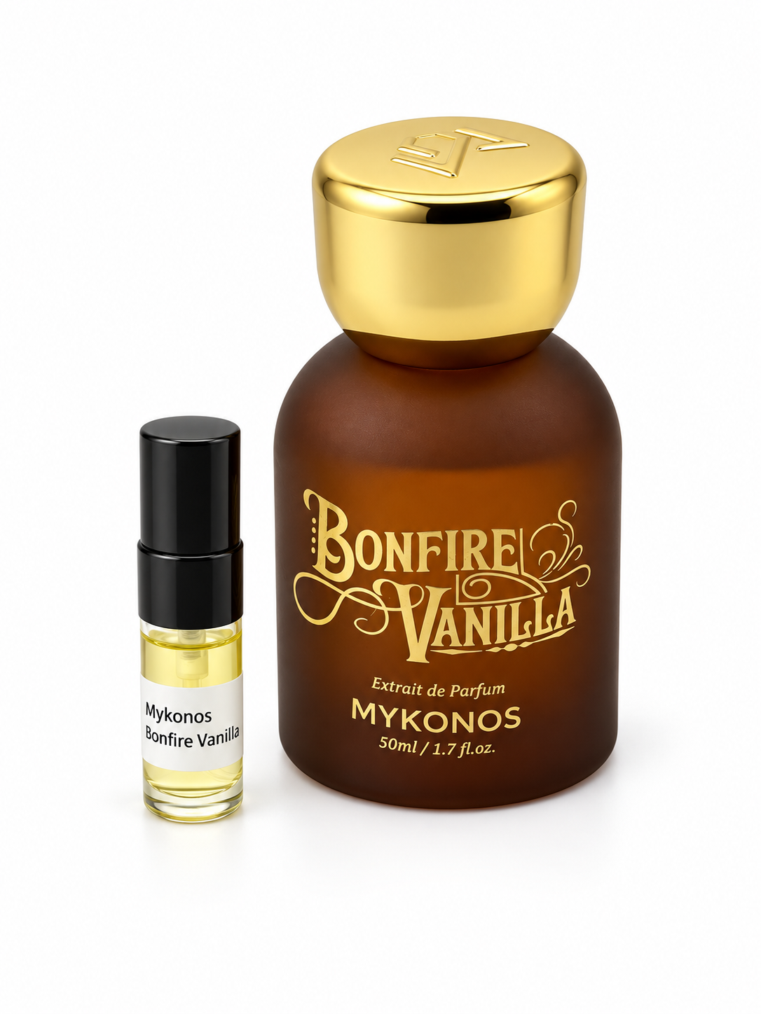 Mykonos Bonfire Vanilla fragrance bottle and black-capped sample vial on white