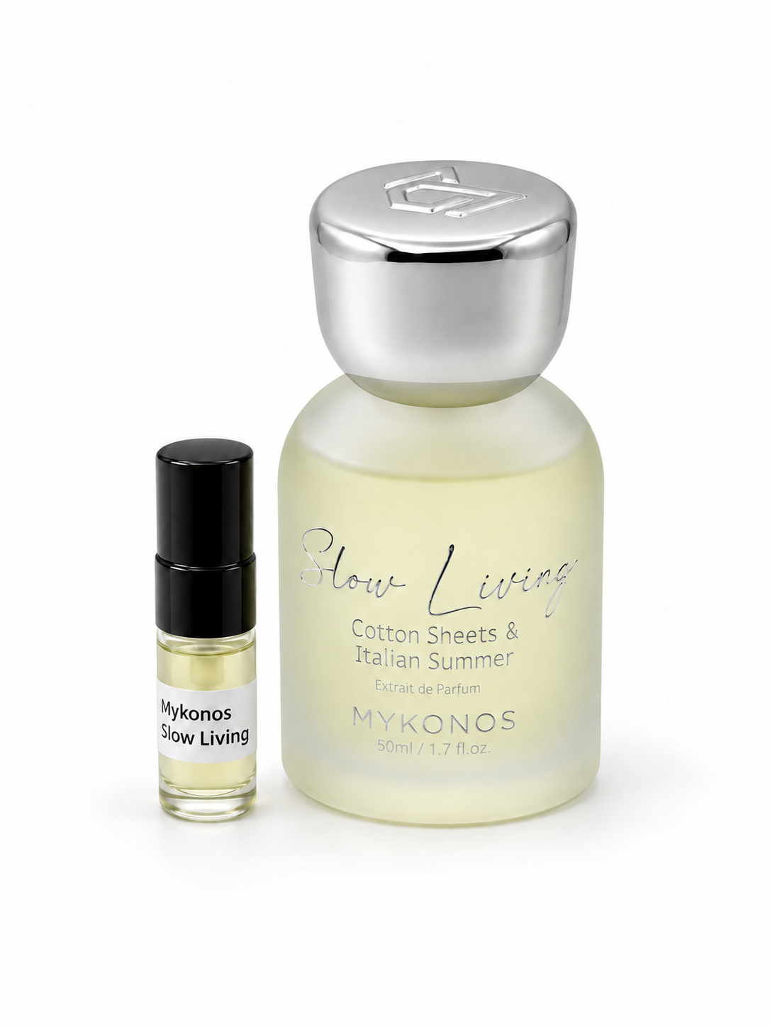 Mykonos Slow Living fragrance bottle and black-capped sample vial on white