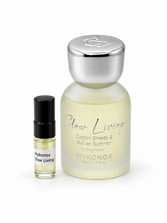 Mykonos Slow Living fragrance bottle and black-capped sample vial on white