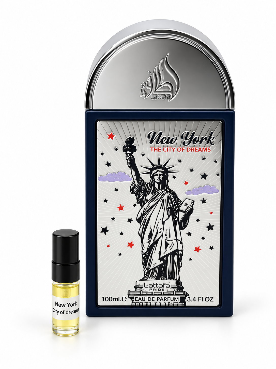 Lattafa Pride New York The City Of Dreams fragrance bottle and black-capped sample vial on white