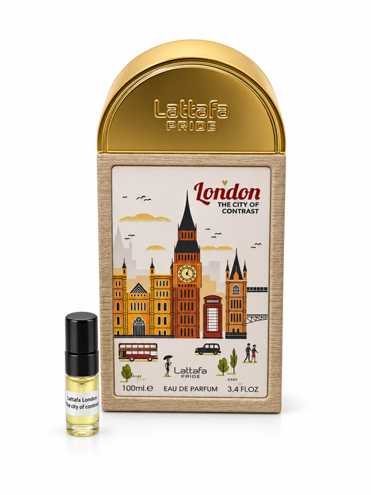 Lattafa Pride London The City Of Contrast fragrance bottle and black-capped sample vial on white