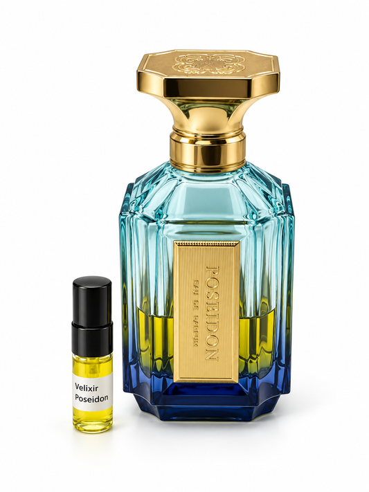 Velixir Poseidon fragrance bottle and black-capped sample vial on white