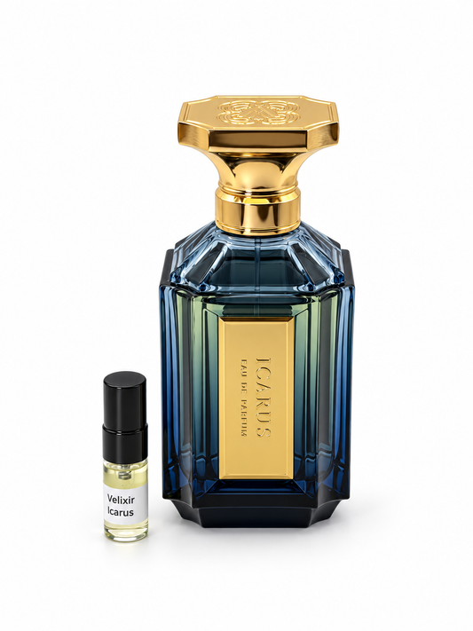 Velixir Icarus fragrance bottle and black-capped sample vial on white