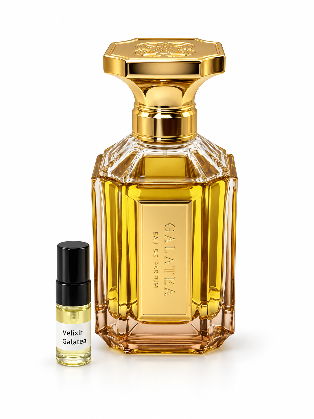 Velixir Galatea fragrance bottle and black-capped sample vial on white