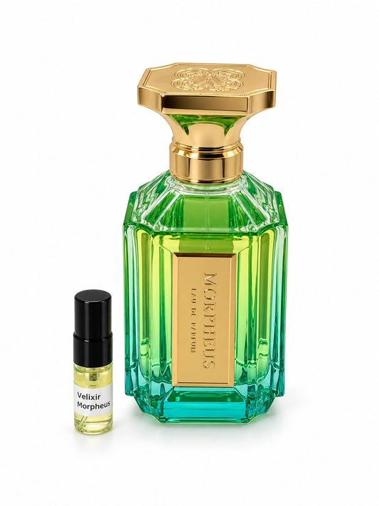 Velixir Morpheus fragrance bottle and black-capped sample vial on white