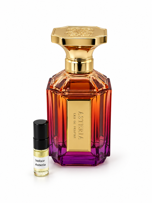 Velixir Asteria fragrance bottle and black-capped sample vial on white