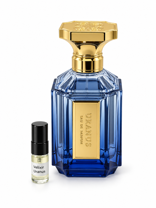 Velixir Uranus fragrance bottle and black-capped sample vial on white