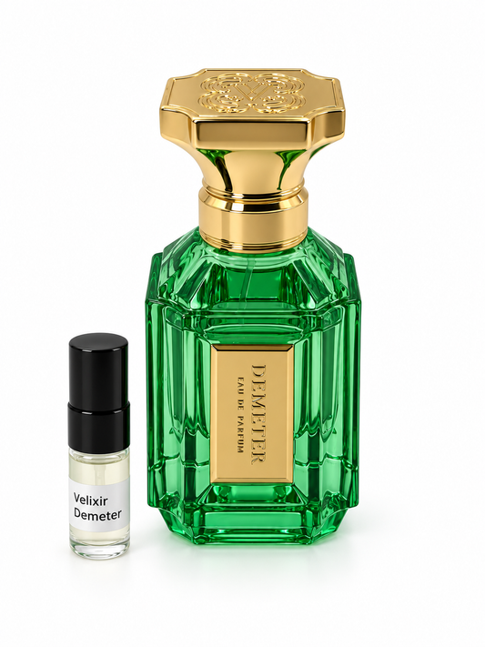 Velixir Demeter fragrance bottle and black-capped sample vial on white