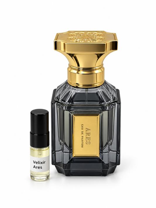 Velixir Ares fragrance bottle and black-capped sample vial on white