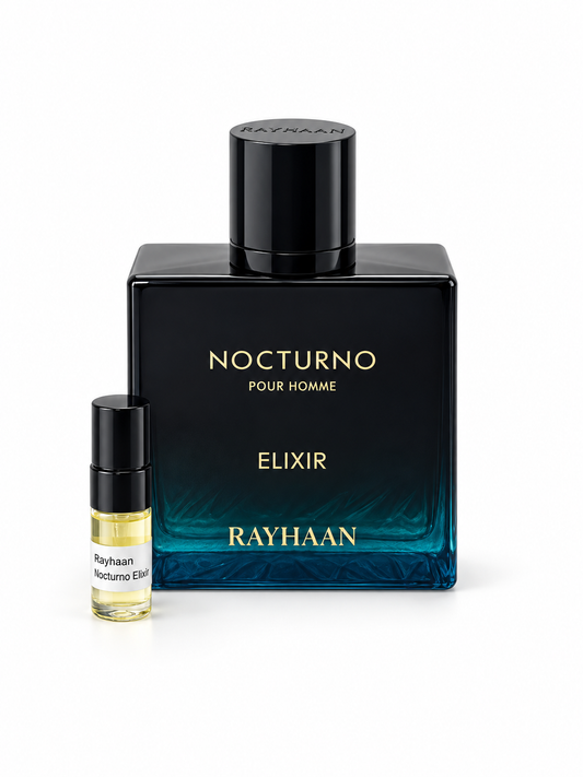 Rayhaan Nocturno Elixir fragrance bottle and black-capped sample vial on white