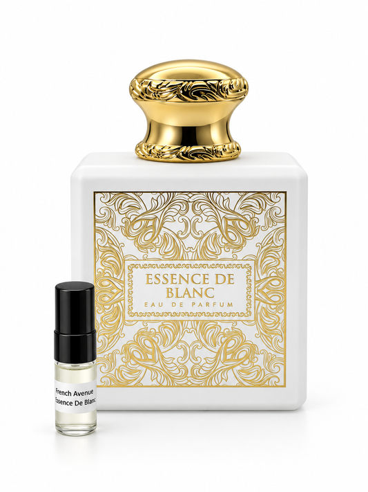 French Avenue Essence De Blanc fragrance bottle and black-capped sample vial on white