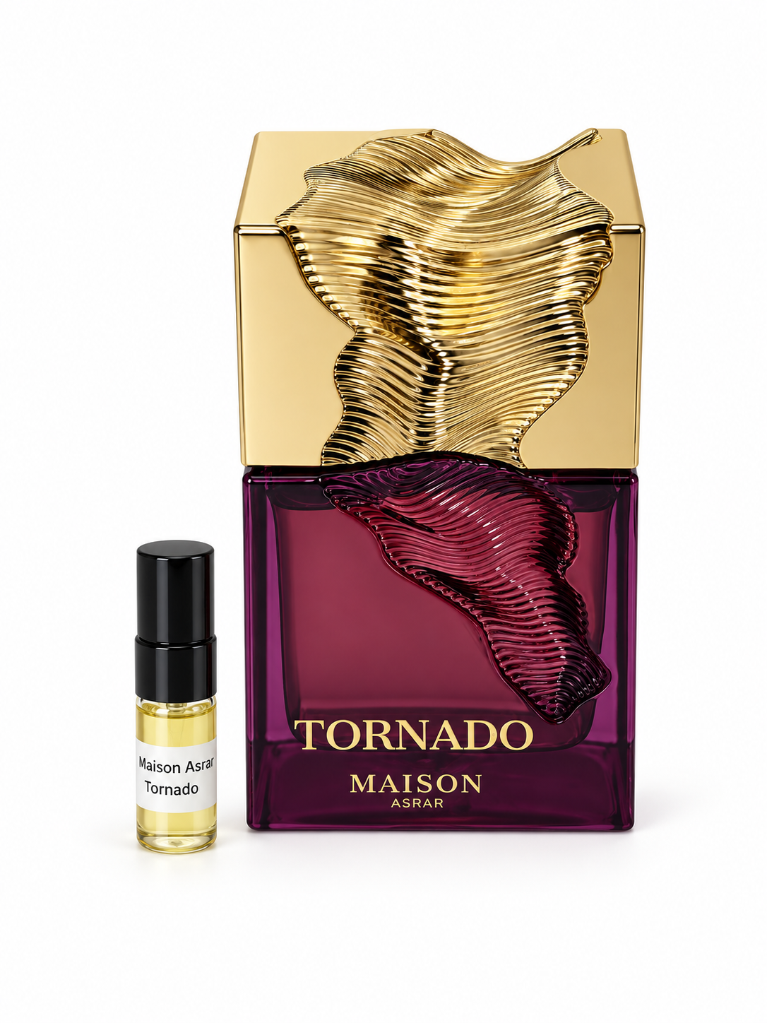 MAISON ASRAR Tornado fragrance bottle and black-capped sample vial on white