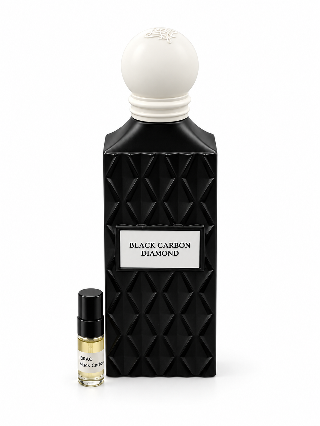 Ibrahim Al Qurashi Black Carbon Diamond fragrance bottle and black-capped sample vial on white