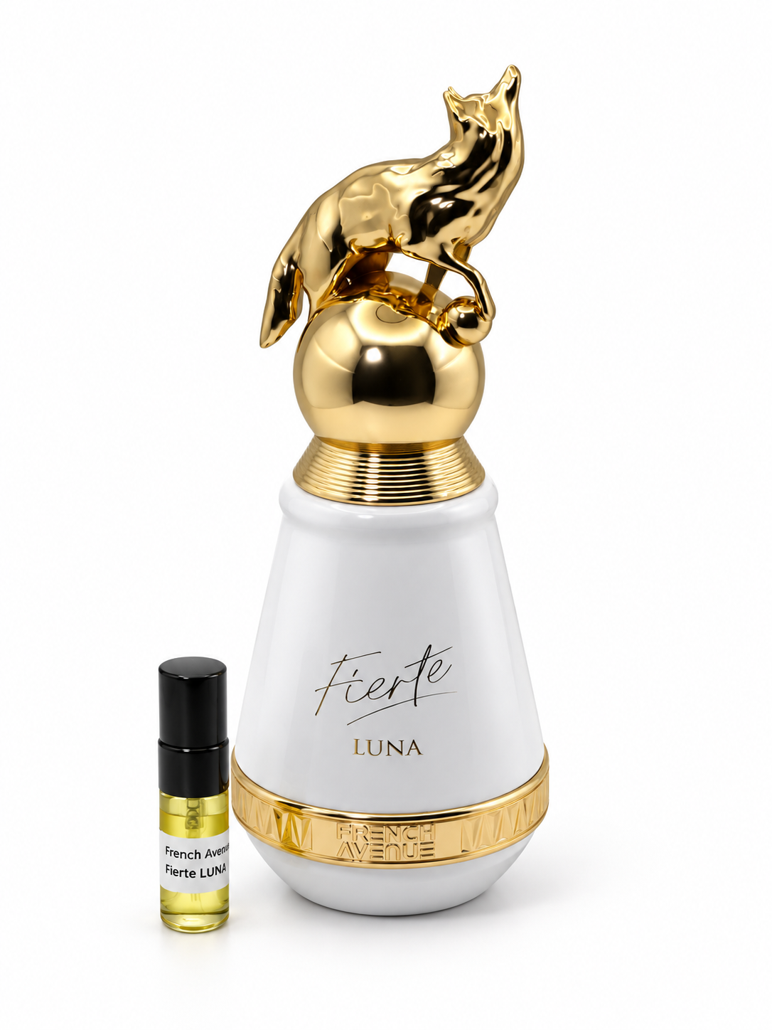 French Avenue Fierte Luna fragrance bottle and black-capped sample vial on white