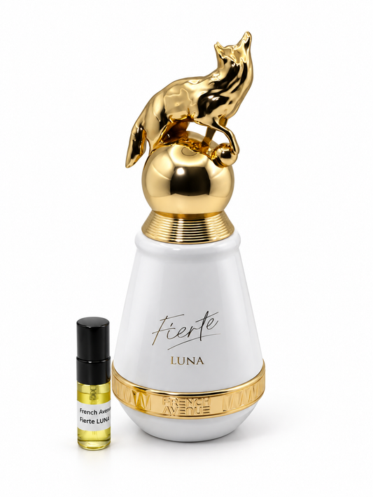 French Avenue Fierte Luna fragrance bottle and black-capped sample vial on white