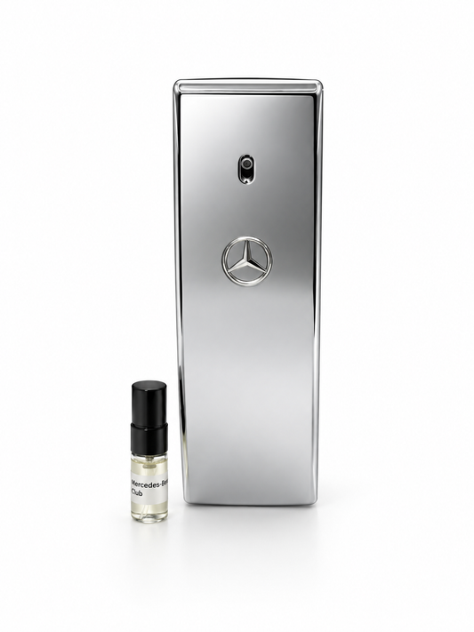 Mercedes Benz Club fragrance bottle and black-capped sample vial on white