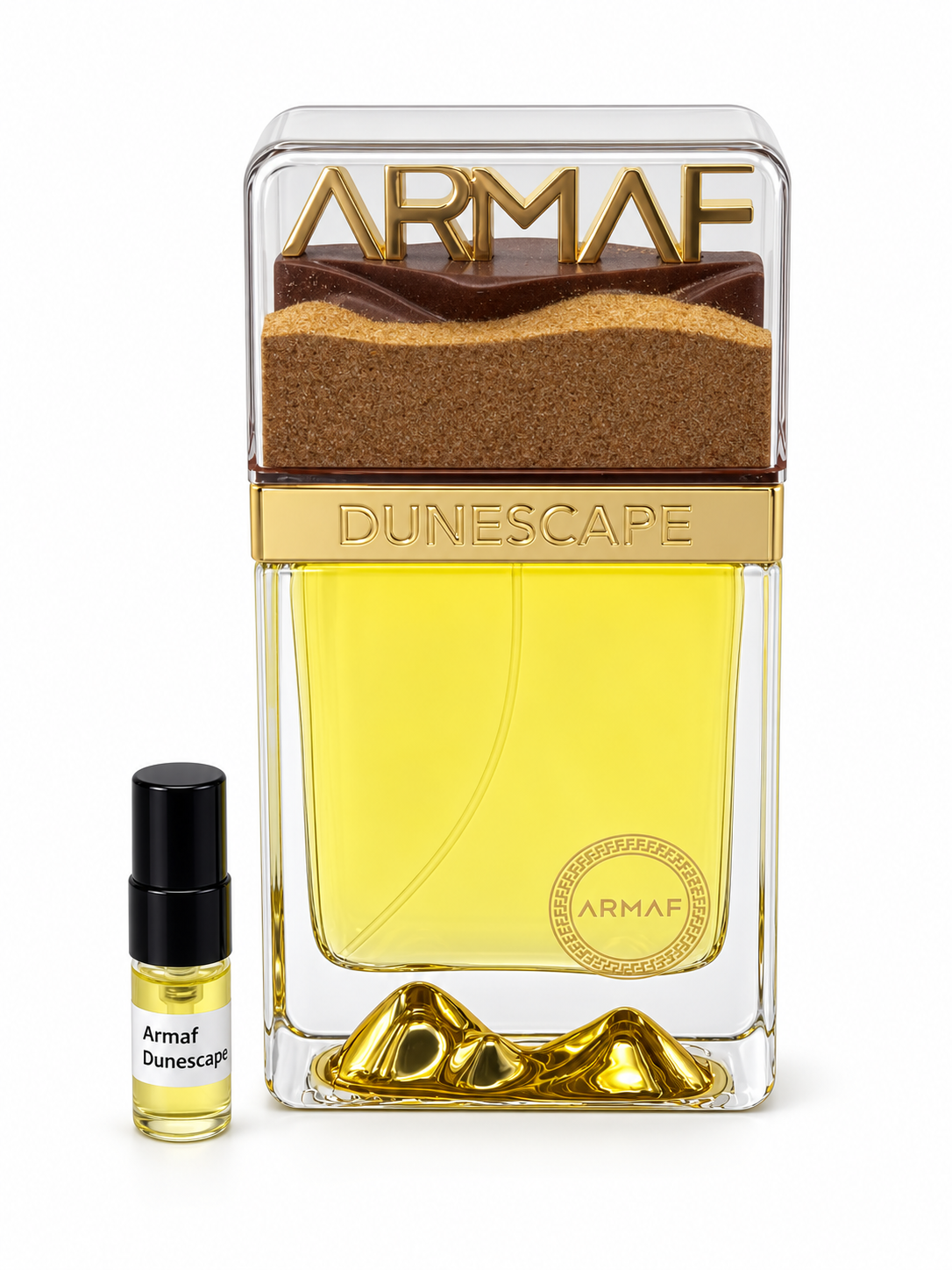 Armaf Dunescape fragrance bottle and black-capped sample vial on white