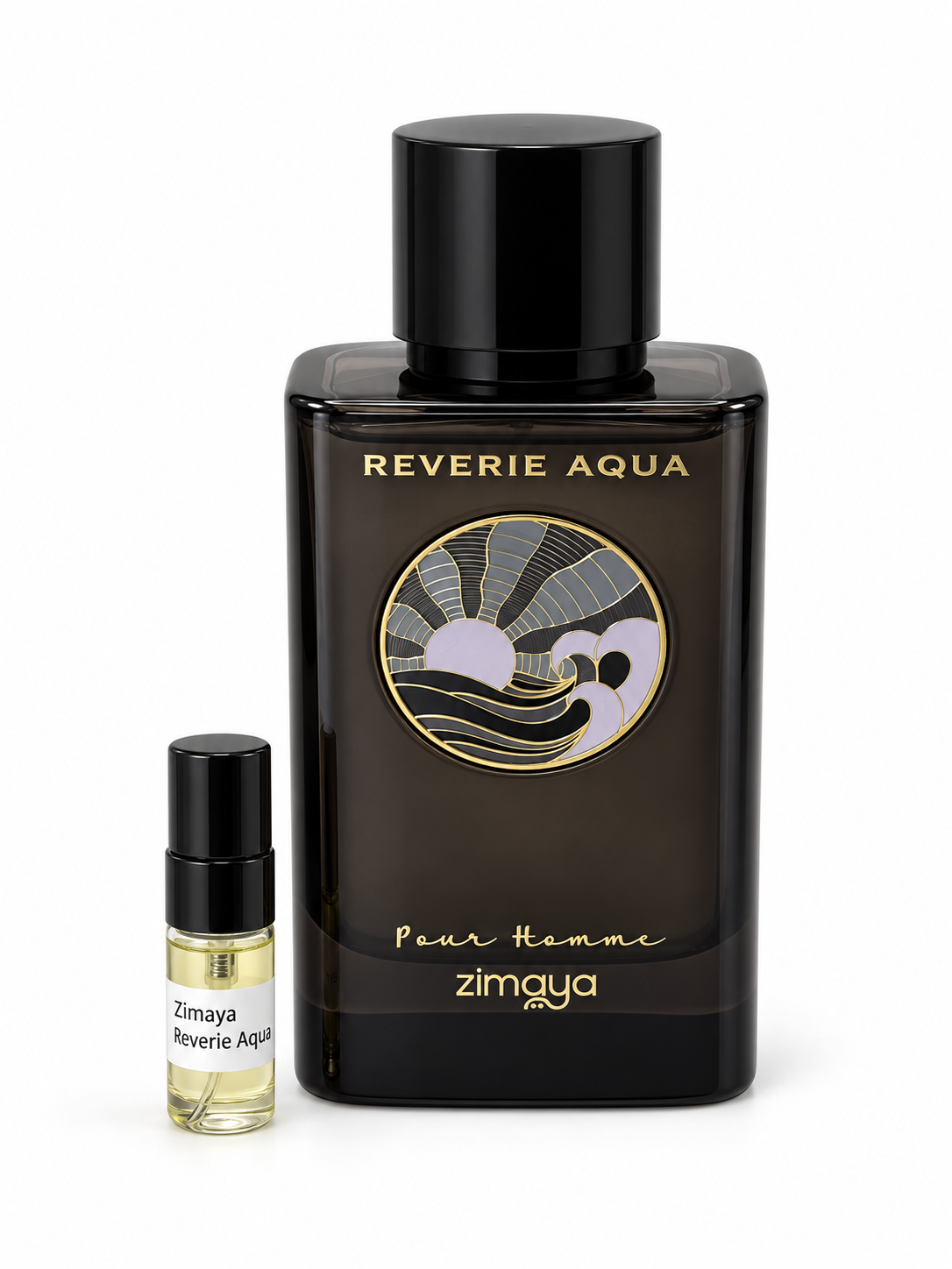 Zimaya Reverie Aqua fragrance bottle and black-capped sample vial on white