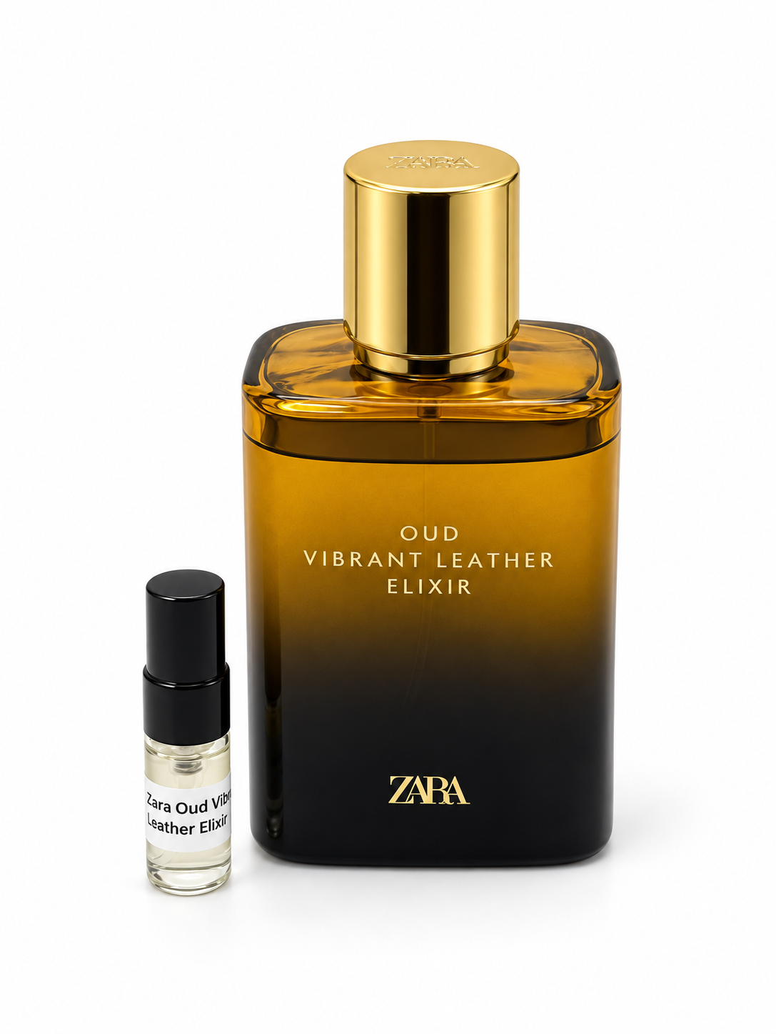 Zara Oud Vibrant Leather Elixir fragrance bottle and black-capped sample vial on white
