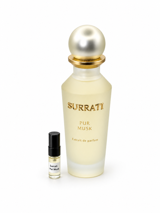 Surrati Pur Musk fragrance bottle and black-capped sample vial on white