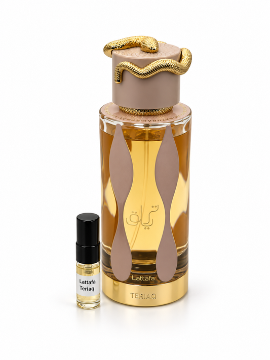 Lattafa Teriaq fragrance bottle and black-capped sample vial on white