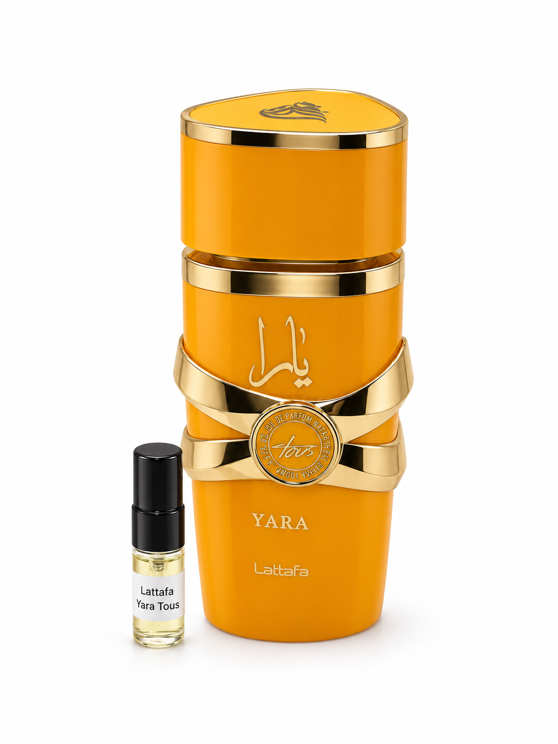 Lattafa Yara Tous fragrance bottle and black-capped sample vial on white