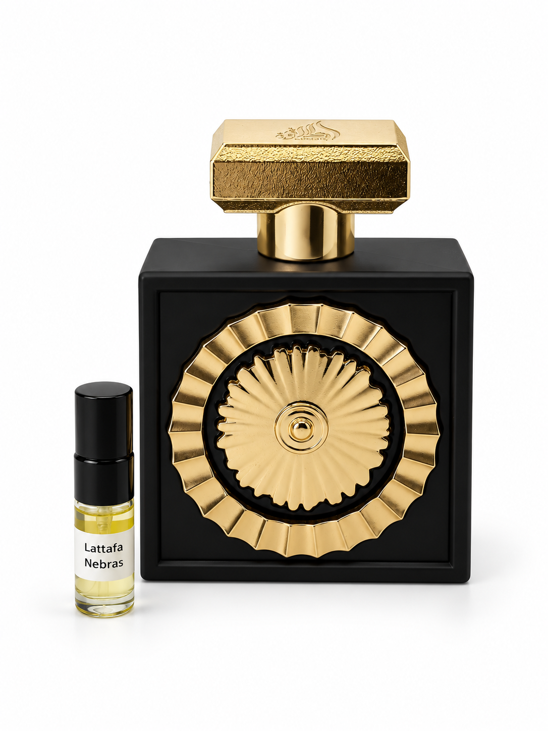 Lattafa Nebras fragrance bottle and black-capped sample vial on white