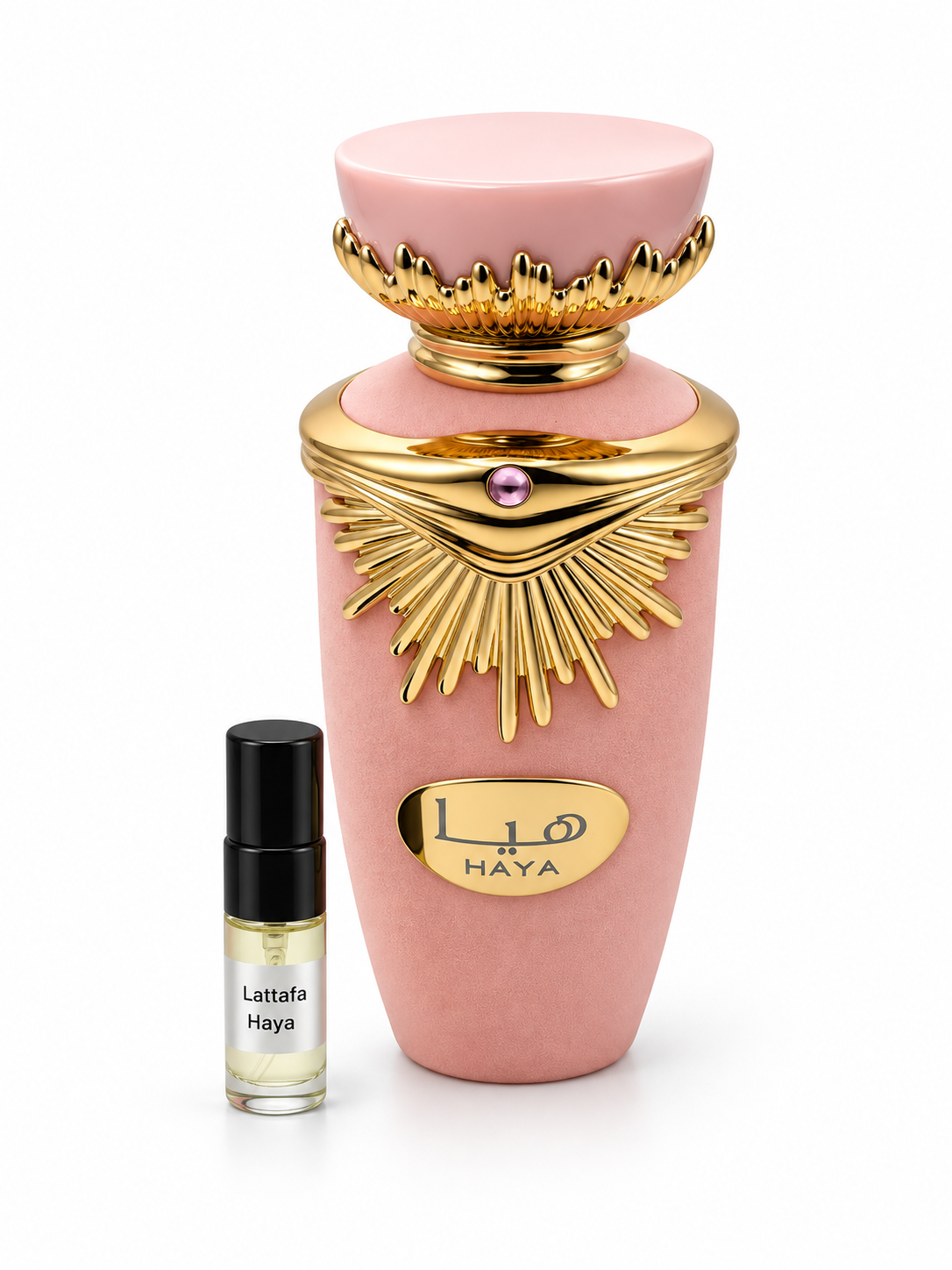 Lattafa Haya fragrance bottle and black-capped sample vial on white