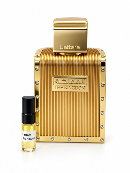 Lattafa The Kingdom fragrance bottle and black-capped sample vial on white