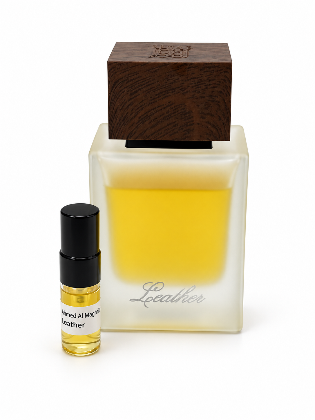 Ahmed Al Maghribi Leather fragrance bottle and black-capped sample vial on white