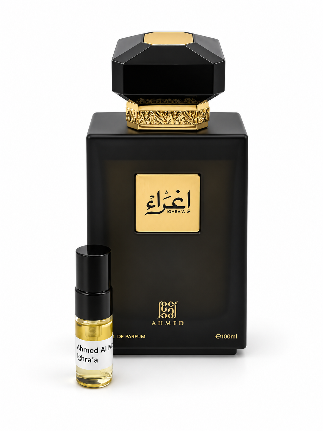 Ahmed Al Maghribi Iqhra’a fragrance bottle and black-capped sample vial on white