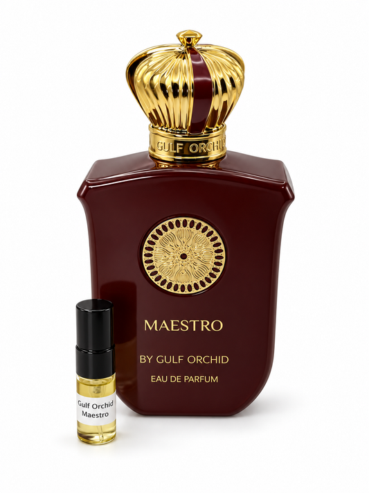 Gulf Orchid Maestro fragrance bottle and black-capped sample vial on white