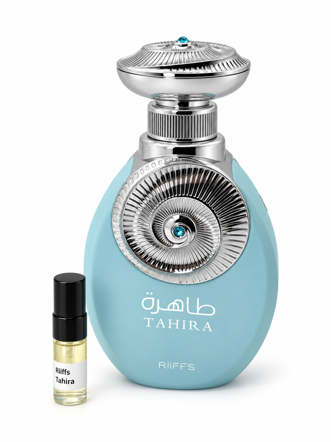 Riiffs Tahira fragrance bottle and black-capped sample vial on white
