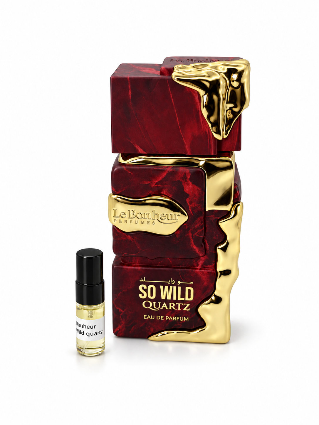 Le Bonheur So Wild Quartz fragrance bottle and black-capped sample vial on white
