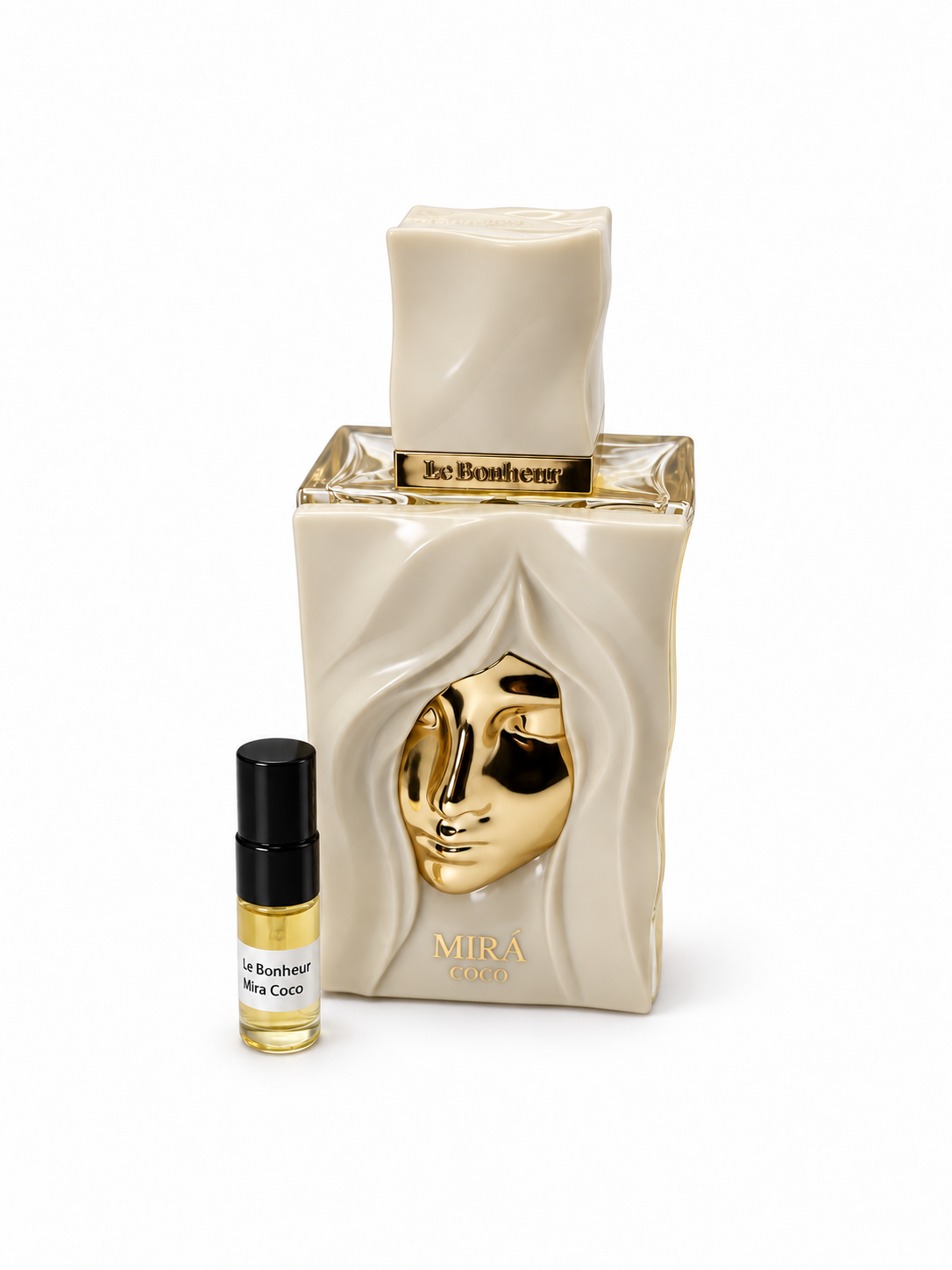 Le Bonheur Mira Coco fragrance bottle and black-capped sample vial on white