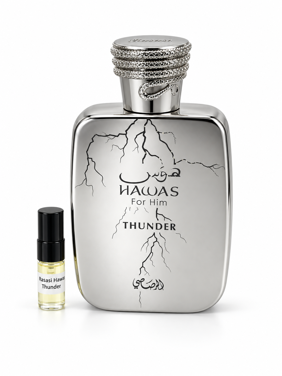 Rasasi Hawas Thunder fragrance bottle and black-capped sample vial on white