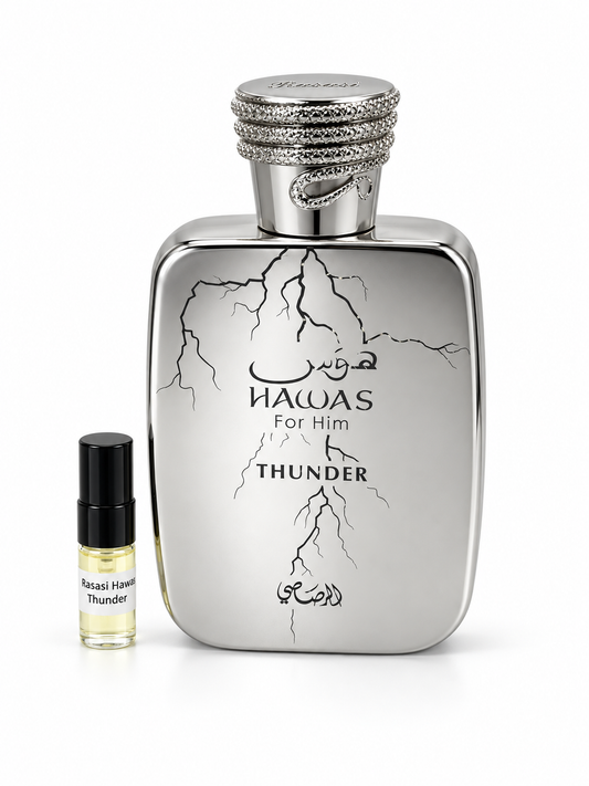 Rasasi Hawas Thunder fragrance bottle and black-capped sample vial on white