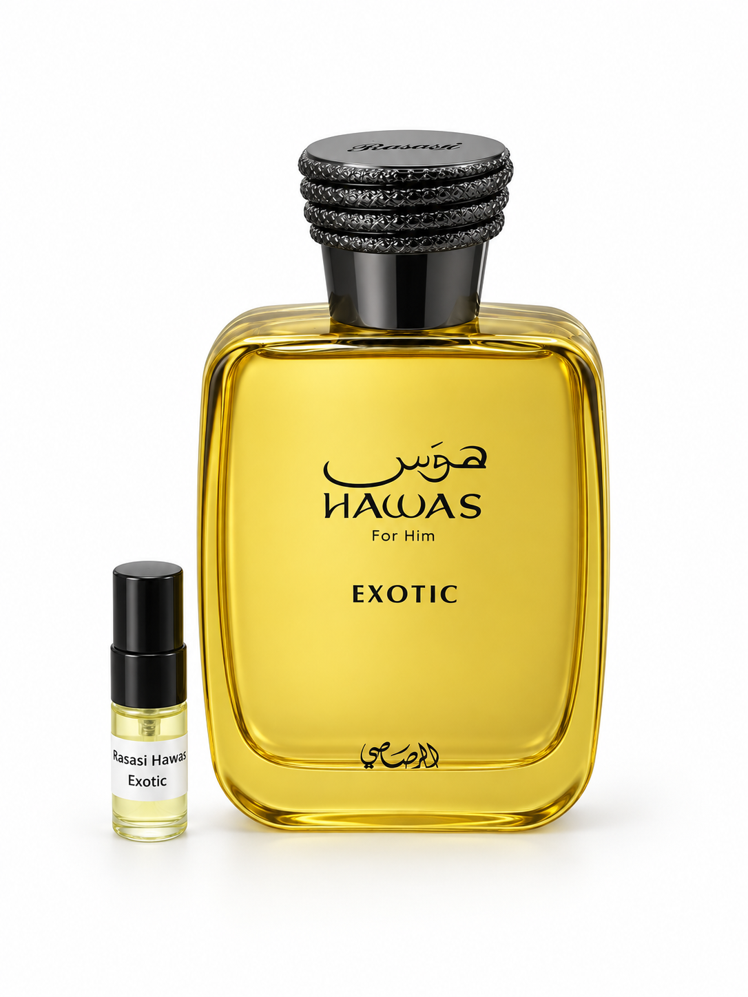 Rasasi Hawas Exotic fragrance bottle and black-capped sample vial on white
