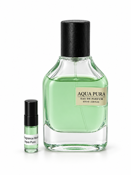 Fragrance World Aqua Pura fragrance bottle and black-capped sample vial on white