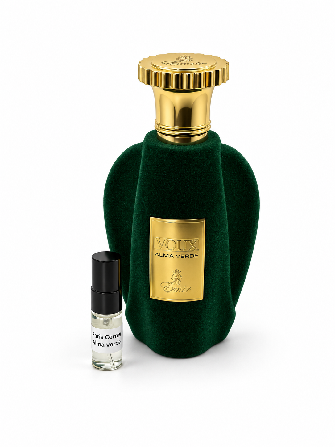 Paris Corner Voux Alma Verde fragrance bottle and black-capped sample vial on white