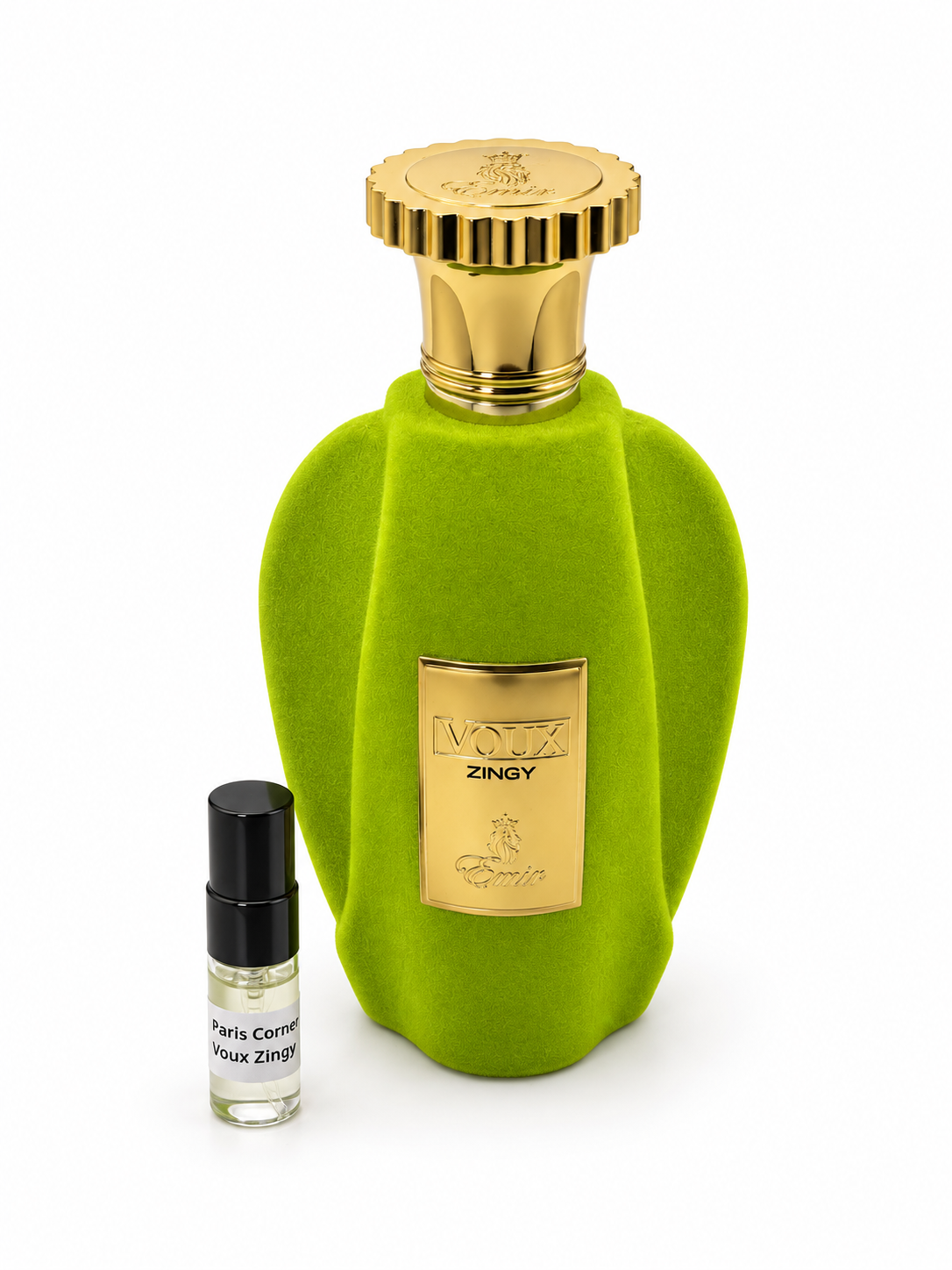 Paris Corner Voux Zingy fragrance bottle and black-capped sample vial on white
